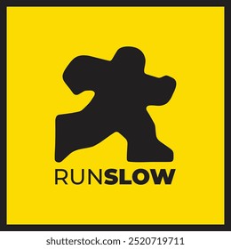 Run Slow Logo - Umarmen Sie das Tempo, Dieses verspielte Design verfügt über eine kühne, stilisierte Figur, die in einem entspannten Tempo, Satz auf einem hellgelben Hintergrund läuft.