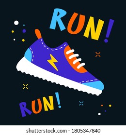 run sneakers colorful design, flat vector illustration, modern art