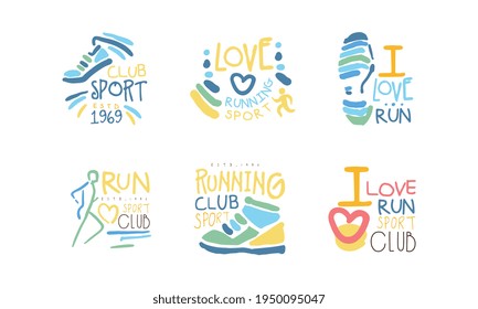 Führen Sie das Logo-Design des Sportklubs aus, Fitness Studio, Sportturnier, MarathonEmbleme handgezeichnete Vektorgrafik aus