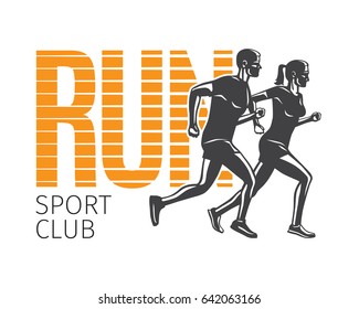 Run sport club logo template. Vector illustration of running man and woman editable elements logotypes in cartoon style flat design. Sportsmen healthy lifestyle. Place your sportclub company name.