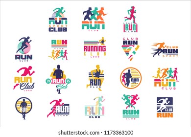 Run sport club logo templates set, emblems for sport organizations, tournaments and marathons colorful vector Illustrations