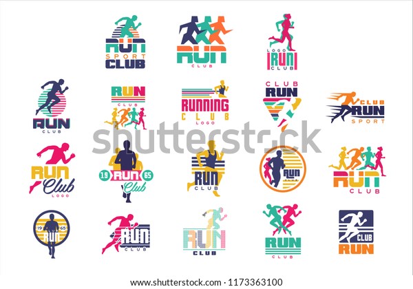 Run sport club logo templates set, emblems\
for sport organizations, tournaments and marathons colorful vector\
Illustrations