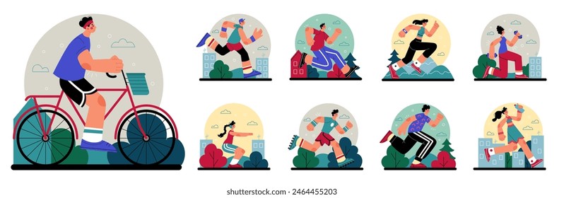 Run sport. Runner exercise, marathon fit, athlete health. Healthy woman and man. Fitness lifestyle. City concept, park route, field and city. Vector person tidy workout cartoon flat style illustration