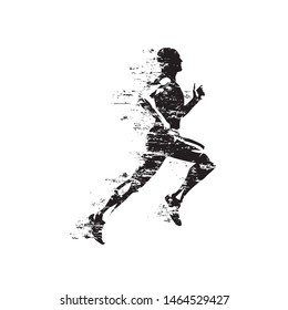 Run, sprinting running man, isolated vector silhouette, grungy style