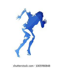 Run. Sprinting woman, abstract blue polygonal vector silhouette