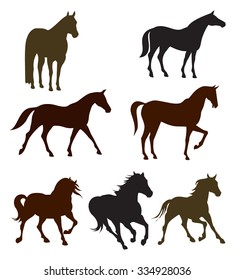 Run, stand and  walk horses silhouettes vectors isolated