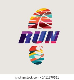 Run Symbol In Grunge Style, Sneakers Print Marathon Icon, Poster And Logo Template