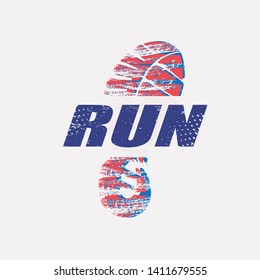 Run symbol in grunge style, sneakers print marathon icon, poster and logo template