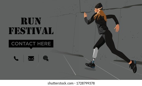 Run Template Banner.Woman With Prosthetic Leg Runs.