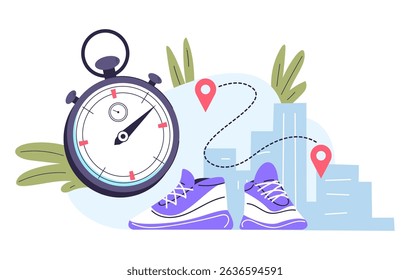 Run time sneakers. Sport shoe for runner, fitness running timer clock logo stopwatch foot sneaker athletic trainers competition concept cartoon vector illustration original artwork