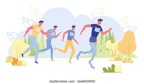 Run Tournament for People with Limited Mobility using Artificial Limbs Prosthesis and Healthy Persons. Disabled or Handicapped Sportive Success Achievements. Flat Cartoon Vector Illustration.