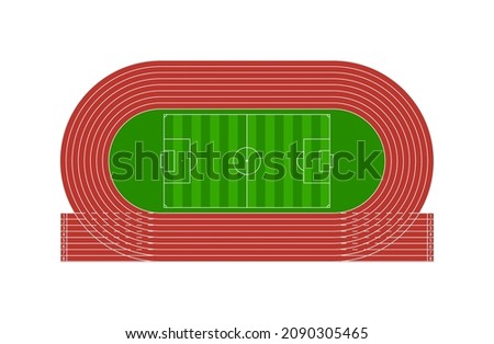 Run track with football stadium. Field for soccer and runner arena with tracks. Top view on sport or athletic arena. Racetrack with line, 8 pathways, start and finish. Vector illustration olympic game