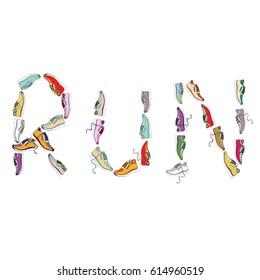 Run. Various colorful sneakers in the shape of the word RUN. Vector illustration on white background