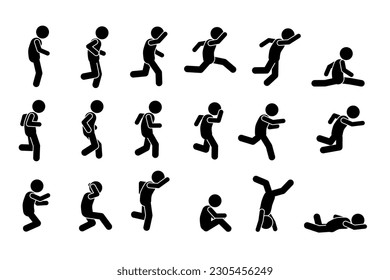  run, walk, jump, walk, fall, sprint stick figure, pictogram