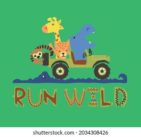 Run wild animals going to forest with their funny cars for kids illustrations