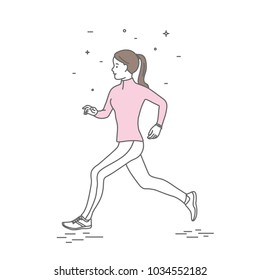 Run woman in line art style. Vector illustration. A woman is running from right to left.