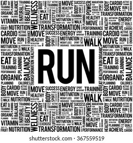 RUN word cloud background, health concept