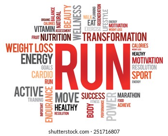 RUN word cloud, fitness, sport, health concept