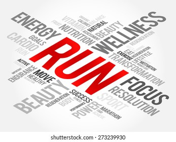 RUN word cloud, fitness, sport, health concept