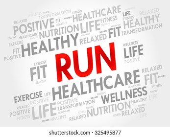 RUN word cloud, fitness, sport, health concept