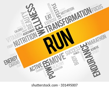 RUN word cloud, fitness, sport, health concept