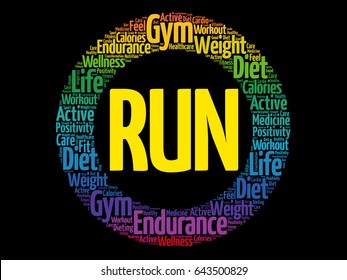 RUN word cloud, fitness, sport, health concept