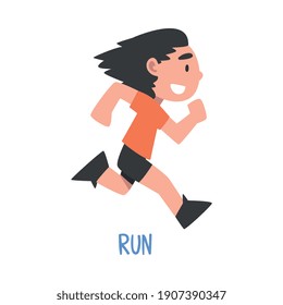 Run Word, the Verb Expressing the Action, Children Education Concept, Cute Running Boy Cartoon Style Vector Illustration