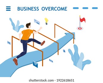 Run young man run jumping, along the directional arrow. Business overcame obstacles problems and barriers for success to finish. Vector illustration flat cartoon style poster, banner isolated