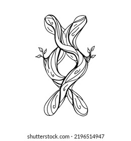 Runa Inguz, Ingwaz, Ing, Yngvi. Wooden doodle style. A magical amulet of a good start and rebirth. Elder Futhark. The alphabet is Nordic and northern. Viking letters. Magic tattoo.