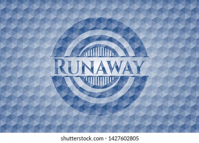 Runaway blue emblem or badge with geometric pattern background. Vector Illustration. Detailed.