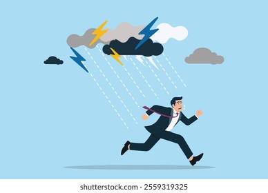 Runaway from crisis, catastrophe, misfortune, escape from disaster, failure or danger, overworked, anxiety, stress, problem-solving, work pressure, businessman running under thunderstorms and rain.