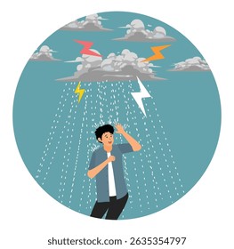 Runaway from crisis, catastrophe misfortune situation, escape from disaster. Businessman run away from thunder storm raining