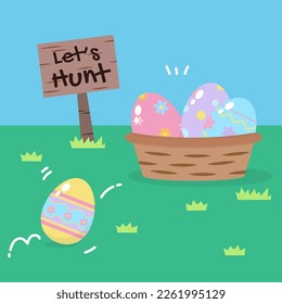 runaway easter egg hunt in grass, vector illustration
