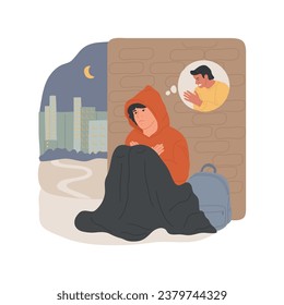 Runaway from home isolated cartoon vector illustration. Teen leaving parents, escaping from home, sitting alone, boy in offended pose, guys runaway, people conflict vector cartoon.