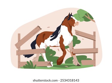 Caballo fugitivo rompiendo valla. Semental travieso escapando a la libertad. Comportamiento equino desobediente. Huyendo a través de la barrera rota. Ilustración vectorial plana aislada sobre fondo blanco