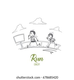 Runconcept. Hand drawn two runners sprinting outdoors. Marathon runners isolated vector illustration.