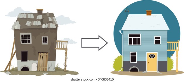 Rundown derelict house turned into a cute cottage, EPS 8 vector illustration