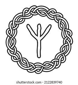 Rune Algiz in a circle - an ancient Scandinavian symbol or sign, amulet. Viking writing. Hand drawn outline vector illustration for websites, games, engraving and print.