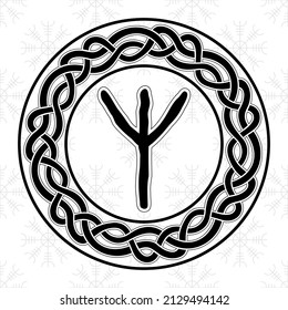 Rune Algiz in a circle - an ancient Scandinavian symbol or sign, amulet. Viking writing. Hand drawn outline vector illustration for websites, games, engraving and print.