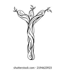 Rune Algiz, Elhaz. Wooden doodle style. Magical amulet chicken foot. Protective talisman from the evil eye. Elder Futhark. The alphabet is Nordic and northern. Viking letters. Magic tattoo.