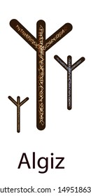 Rune Algiz. Vertical projection. Scandinavian. Elegant gold and silver embossing on the surface, pattern