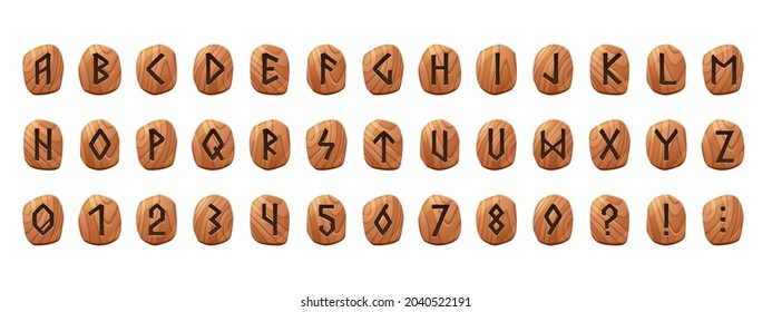 Rune alphabet on wooden tablets with engraved letters, numbers and additional symbols. Vector cartoon set of wood buttons with runic characters, typography font in scandinavian style