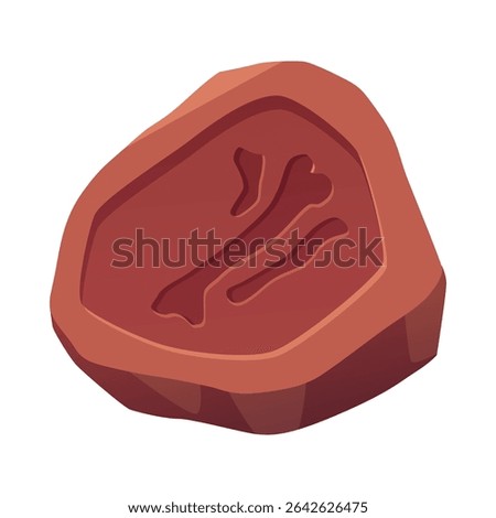 Rune with bone old trace icon. Archeologic fossil dig. Vector flat illustration of ancient stone or clay. Rock with engraved Jurassic symbol. Evolution prehistoric rock. Paleontology