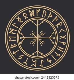 Rune circle gold Icelandic celtic viking talisman Navigation Compass, frame occult amulet, tribal norse writng isolated on dark background.