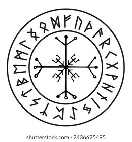 Rune circle Icelandic celtic viking talisman Navigation Compass, frame occult amulet, tribal norse writng isolated on white background.