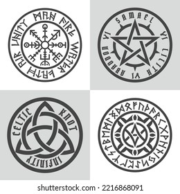 Rune circle. Set of magic symbols in scandinavian style. Mystical vector amulet with futhark runes. Mysterious wheel design. Black ethnic totemic geometric tattoo.