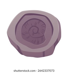 Rune com concha de cóclea, molusco, ícone de traço antigo de molusco. escavação de fósseis arqueológicos. Ilustração plana vetorial de pedra ou argila antiga. Rocha com o símbolo do período Jurássico gravado. Evolução da rocha pré-histórica