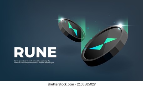 Rune crypto currency themed banner. Rune icon on modern black color background.