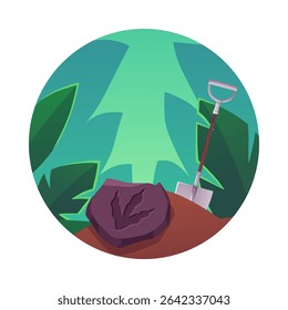 Runa com pegada de dinossauro traço velho, floresta tropical e pá para equipamentos de escavação arqueológica. escavação de fósseis arqueológicos. Ilustração plana vetorial em moldura redonda. Rocha com símbolo jurássico gravado