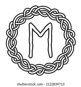 Rune Ehwaz in a circle - an ancient Scandinavian symbol or sign, amulet. Viking writing. Hand drawn outline vector illustration for websites, games, engraving and print.